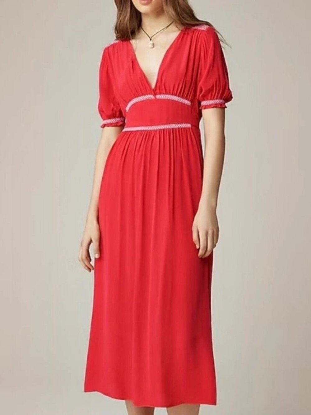 J Crew Poppy red V-NeckSmocked-trim midi dress in crepe de chine